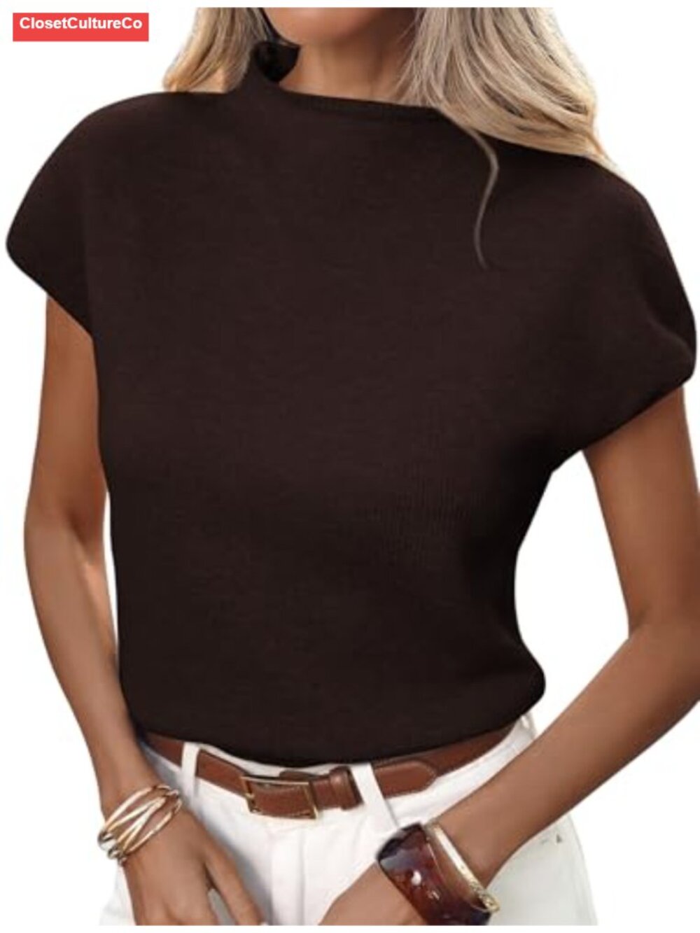 Mock Neck Cap Sleeve Knit Sweater Vest Casual Pullover Tank